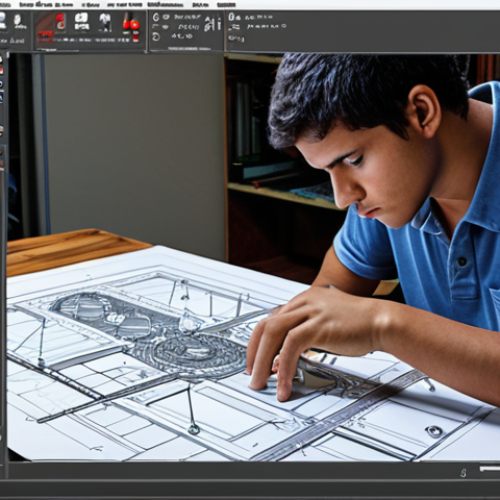 Home 15 **A mechanical drawing student intensely focused, using AutoCAD software to create a detailed 2D blueprint, surrounded by ABNT standard reference manuals, showcasing precision and technical skill in a Brazilian setting.**