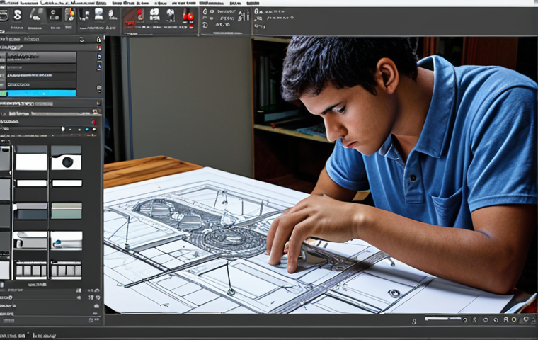 **A mechanical drawing student intensely focused, using AutoCAD software to create a detailed 2D blueprint, surrounded by ABNT standard reference manuals, showcasing precision and technical skill in a Brazilian setting.**