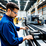 A professional mechanical engineer, fully clothed in a modest work uniform and safety glasses, stands confidently on a well-lit modern factory floor. They are intently observing a large, complex industrial machine, with one hand gently touching a component, embodying a hands-on approach to diagnosis and practical experience. Tools are neatly arranged on a workbench in the background. perfect anatomy, correct proportions, well-formed hands, proper finger count, natural body proportions, professional photography, high detail, realistic, vivid colors, safe for work, appropriate content, fully clothed, professional, modest.