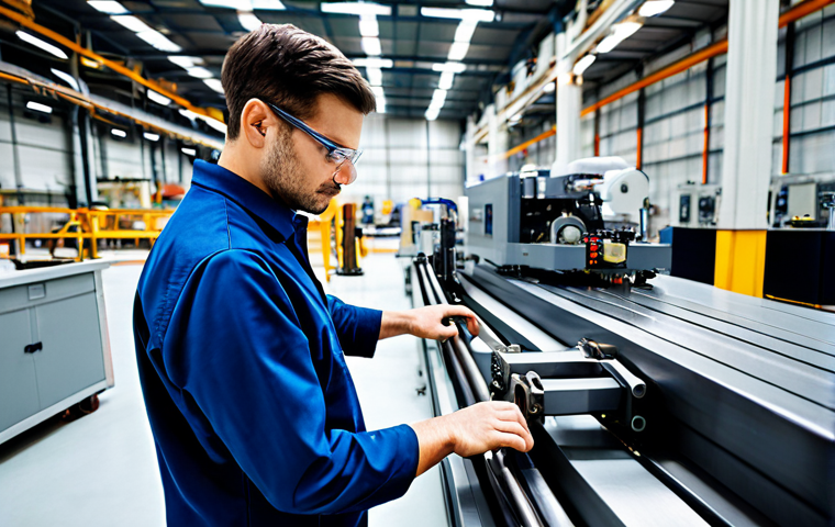 A professional mechanical engineer, fully clothed in a modest work uniform and safety glasses, stands confidently on a well-lit modern factory floor. They are intently observing a large, complex industrial machine, with one hand gently touching a component, embodying a hands-on approach to diagnosis and practical experience. Tools are neatly arranged on a workbench in the background. perfect anatomy, correct proportions, well-formed hands, proper finger count, natural body proportions, professional photography, high detail, realistic, vivid colors, safe for work, appropriate content, fully clothed, professional, modest.