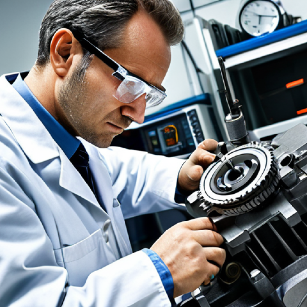 기계설계 기업별 채용 프로세스 - ** A professional mechanical engineer, fully clothed in a lab coat and safety glasses, inspecting a ...