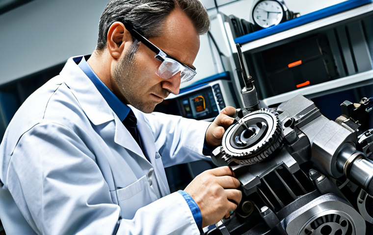기계설계 기업별 채용 프로세스 - ** A professional mechanical engineer, fully clothed in a lab coat and safety glasses, inspecting a ...