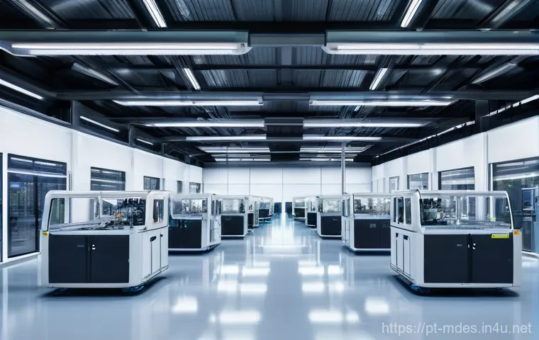기계설계와 환경공학의 융합 - **Prompt:** "A futuristic, ultra-efficient factory interior. The scene is clean, brightly lit, and m...