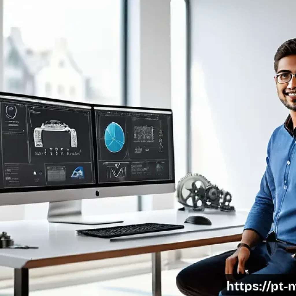 기계설계에서 필요한 컴퓨터 활용 능력 - A detailed 3D modeling workspace scene showing a mechanical engineer at a modern desk using dual mon...