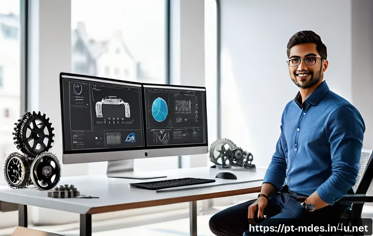 기계설계에서 필요한 컴퓨터 활용 능력 - A detailed 3D modeling workspace scene showing a mechanical engineer at a modern desk using dual mon...