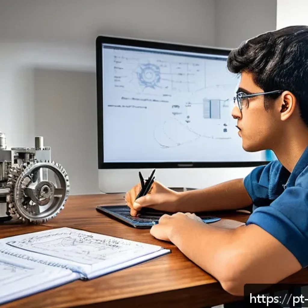 기계설계 초보자를 위한 공부법 - A detailed workspace scene of a beginner mechanical engineering student in Brazil, focused on studyi...