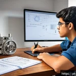 기계설계 초보자를 위한 공부법 - A detailed workspace scene of a beginner mechanical engineering student in Brazil, focused on studyi...