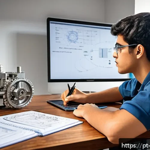 기계설계 초보자를 위한 공부법 - A detailed workspace scene of a beginner mechanical engineering student in Brazil, focused on studyi...