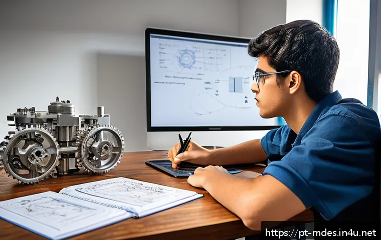 기계설계 초보자를 위한 공부법 - A detailed workspace scene of a beginner mechanical engineering student in Brazil, focused on studyi...