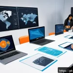 기계설계 강의 준비하기 - A modern classroom scene where diverse engineering students are actively using advanced CAD software...