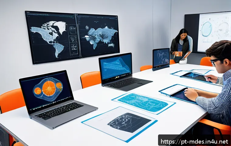 기계설계 강의 준비하기 - A modern classroom scene where diverse engineering students are actively using advanced CAD software...